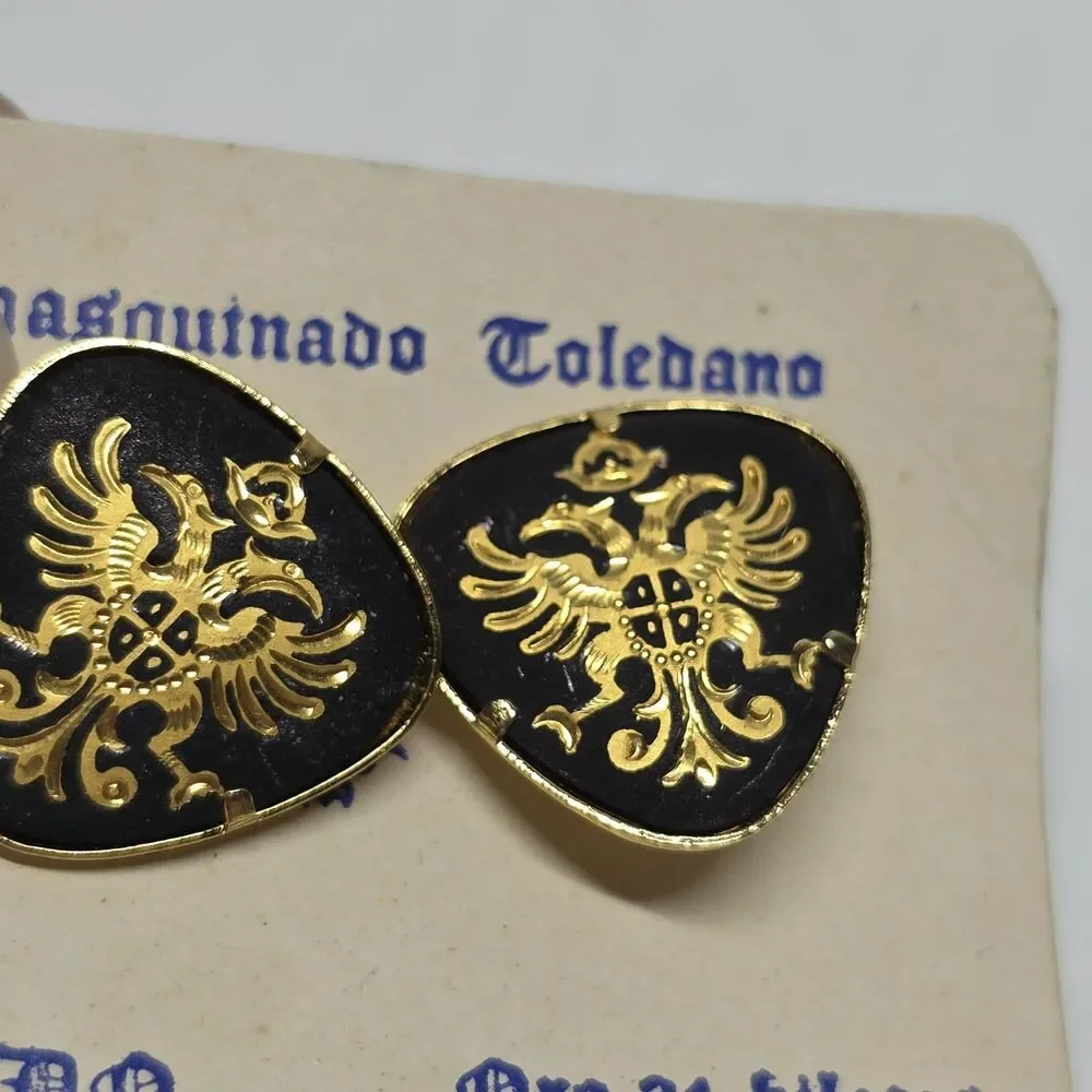 VINTAGE 1960s CUFFLINKS DOUBLE HEAD EAGLE DAMASCENE TOLEDO WARE SPAIN 24k GP